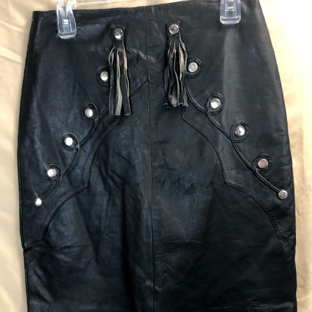 100% Black Leather Pencil Skirt Fringe Tassels